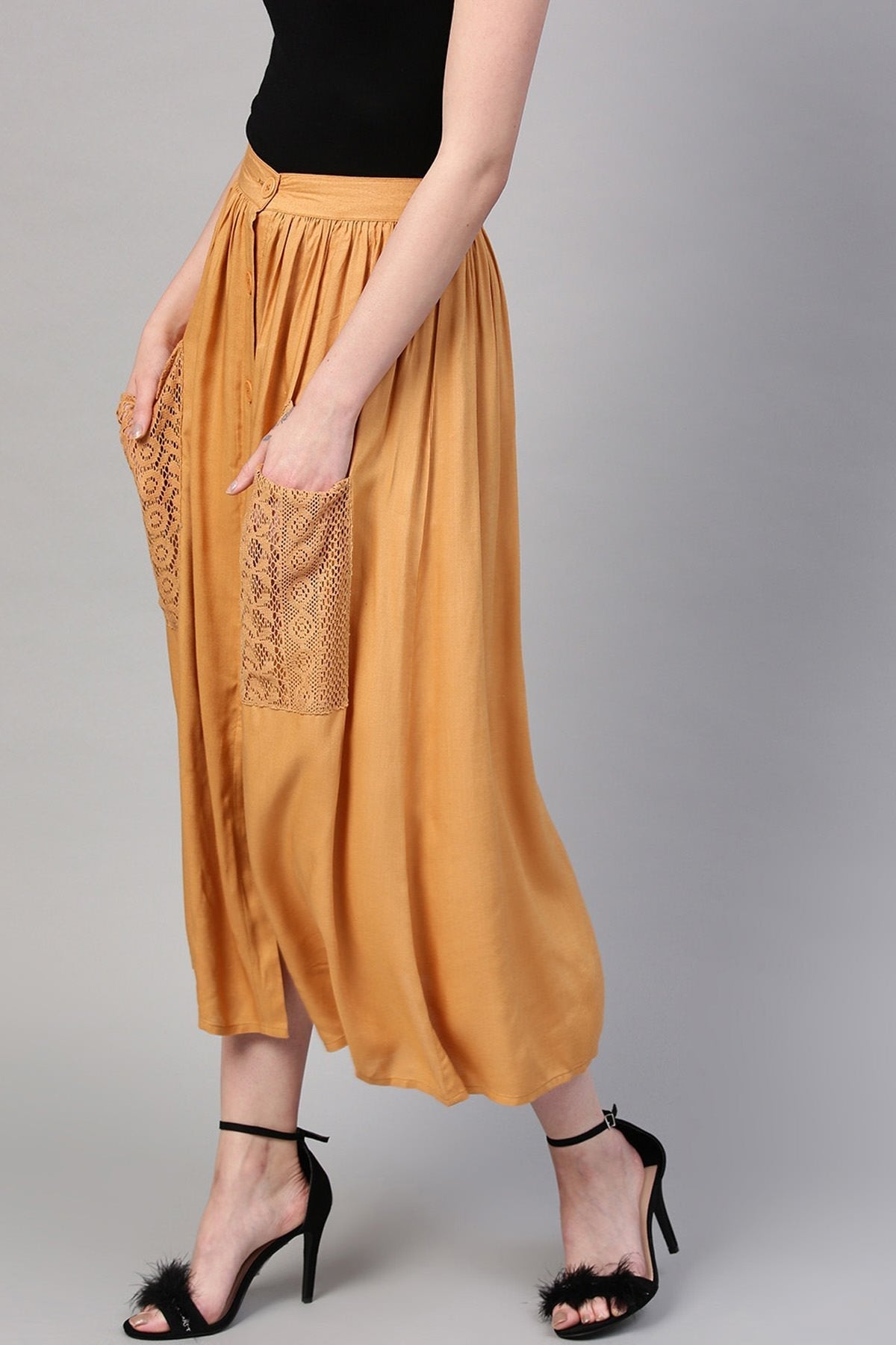 Women's Brown A-Line Lace Pockets Skirt
