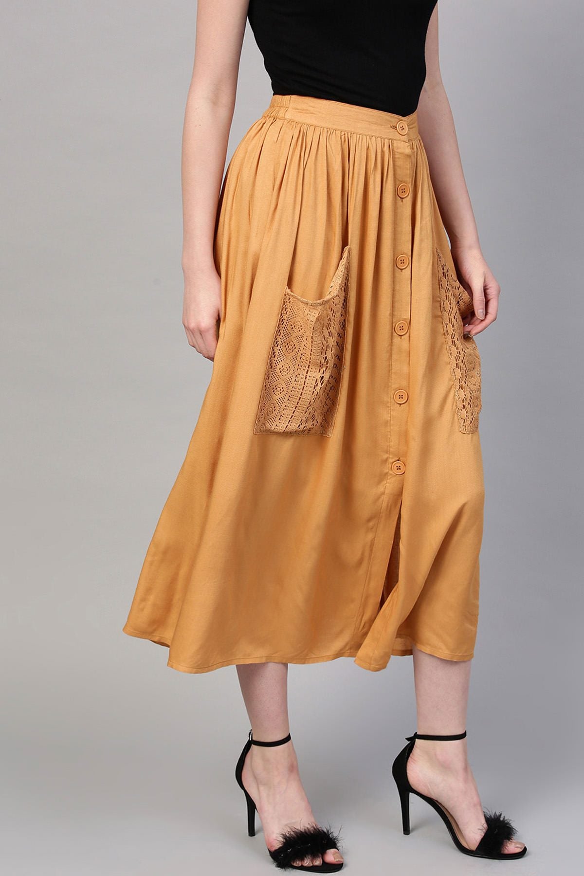 Women's Brown A-Line Lace Pockets Skirt