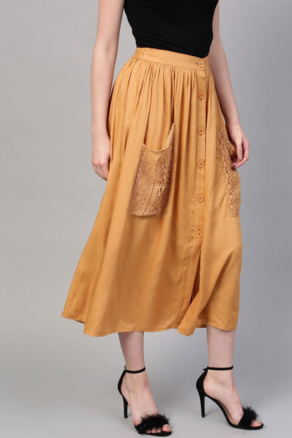 Women's Brown A-Line Lace Pockets Skirt