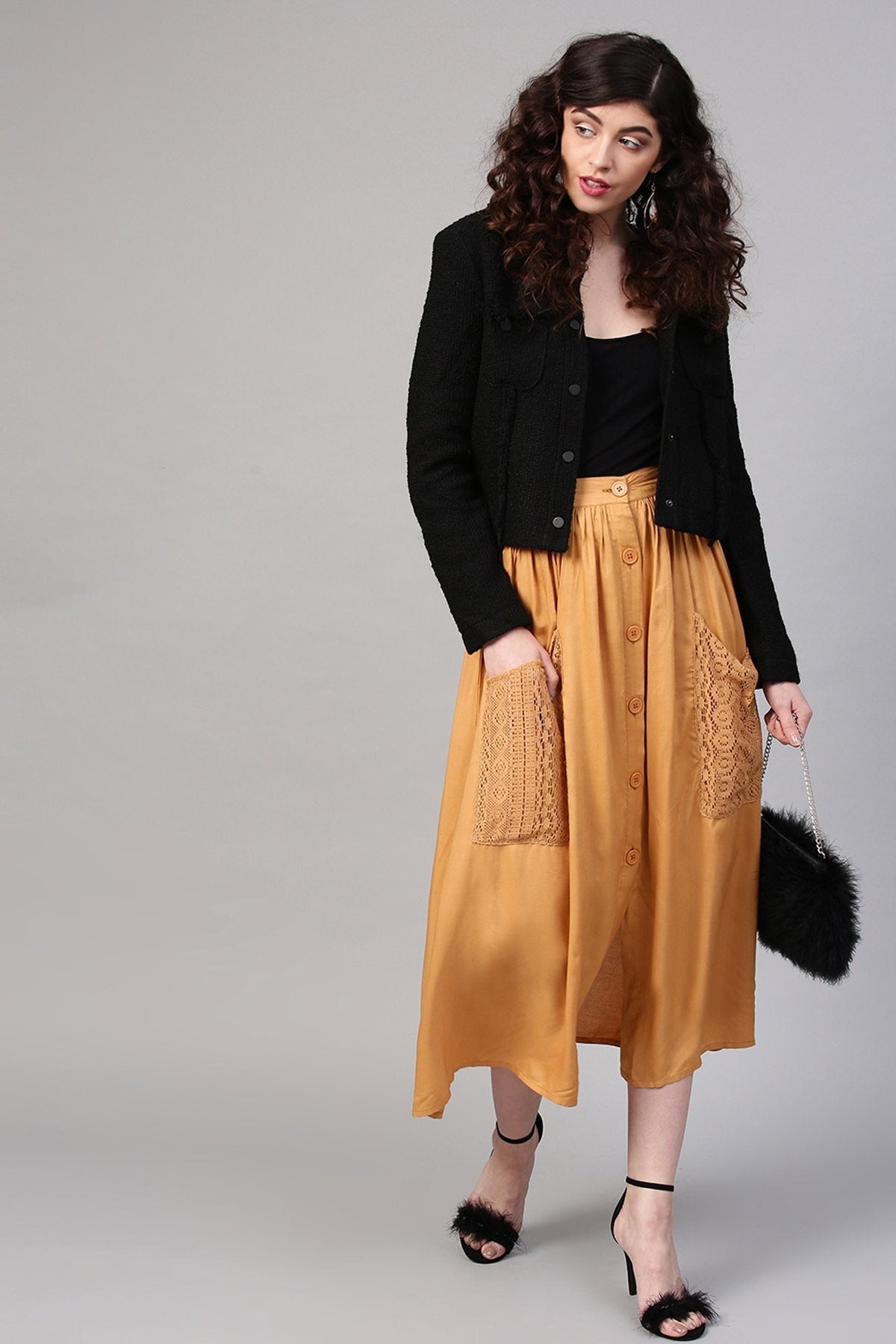 Women's Brown A-Line Lace Pockets Skirt
