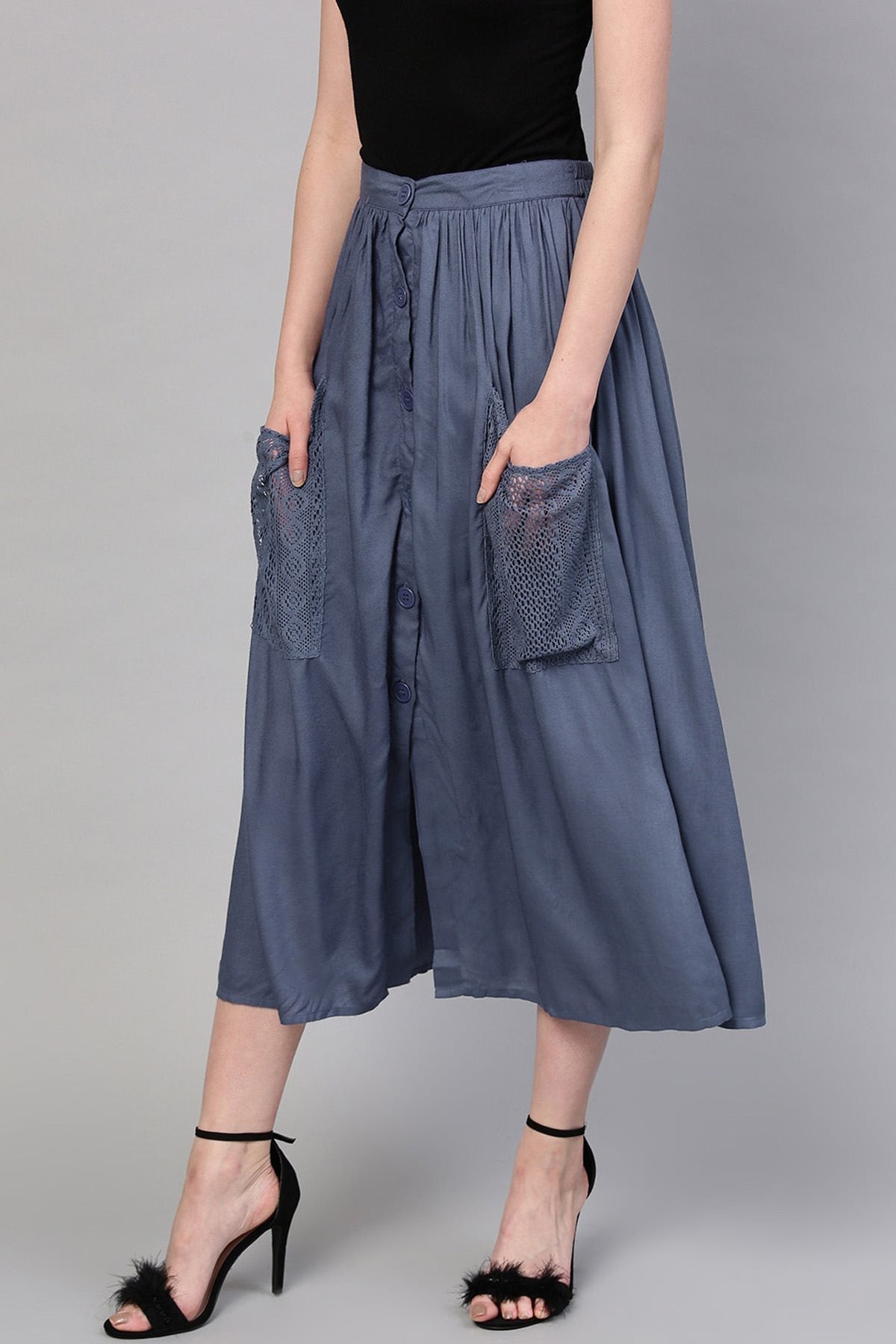 Women's Indigo A-Line Lace Pockets Skirt