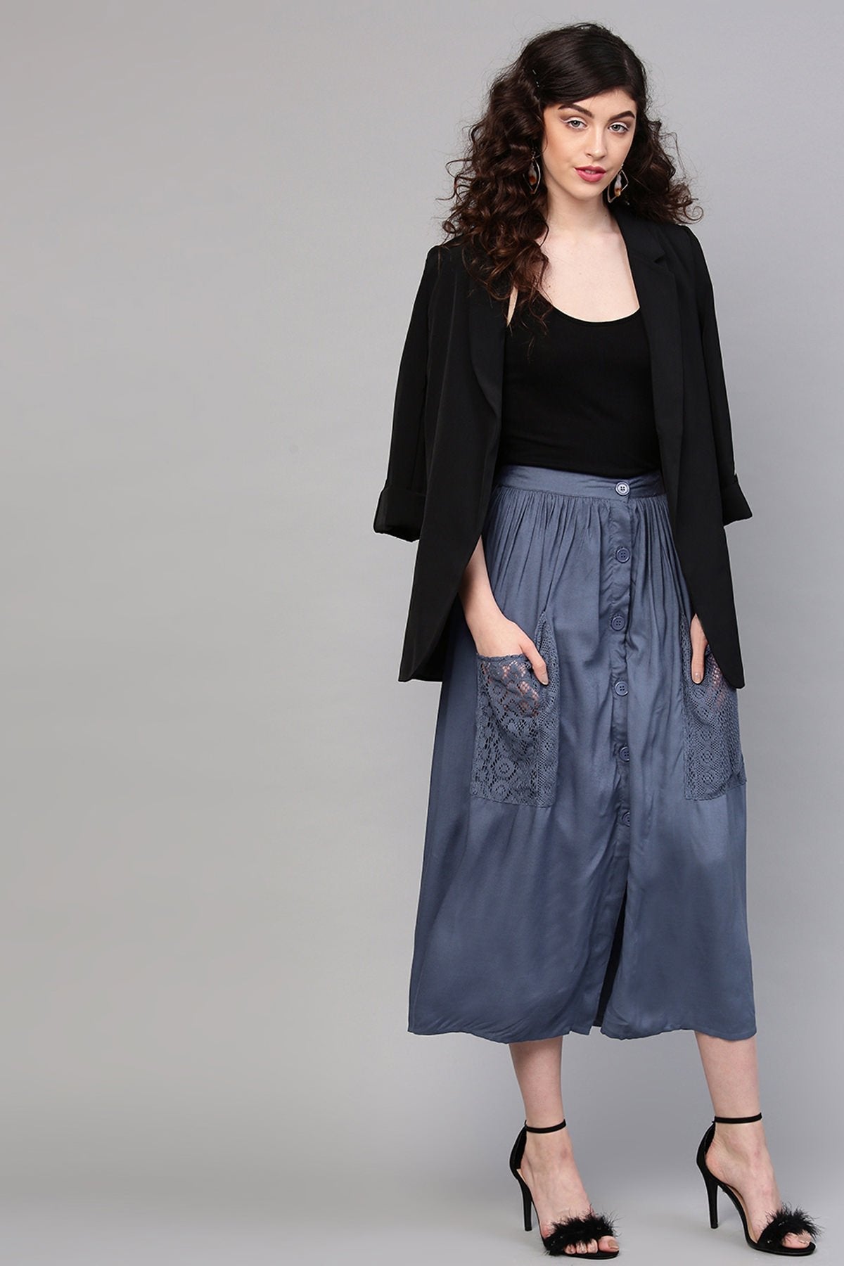 Women's Indigo A-Line Lace Pockets Skirt