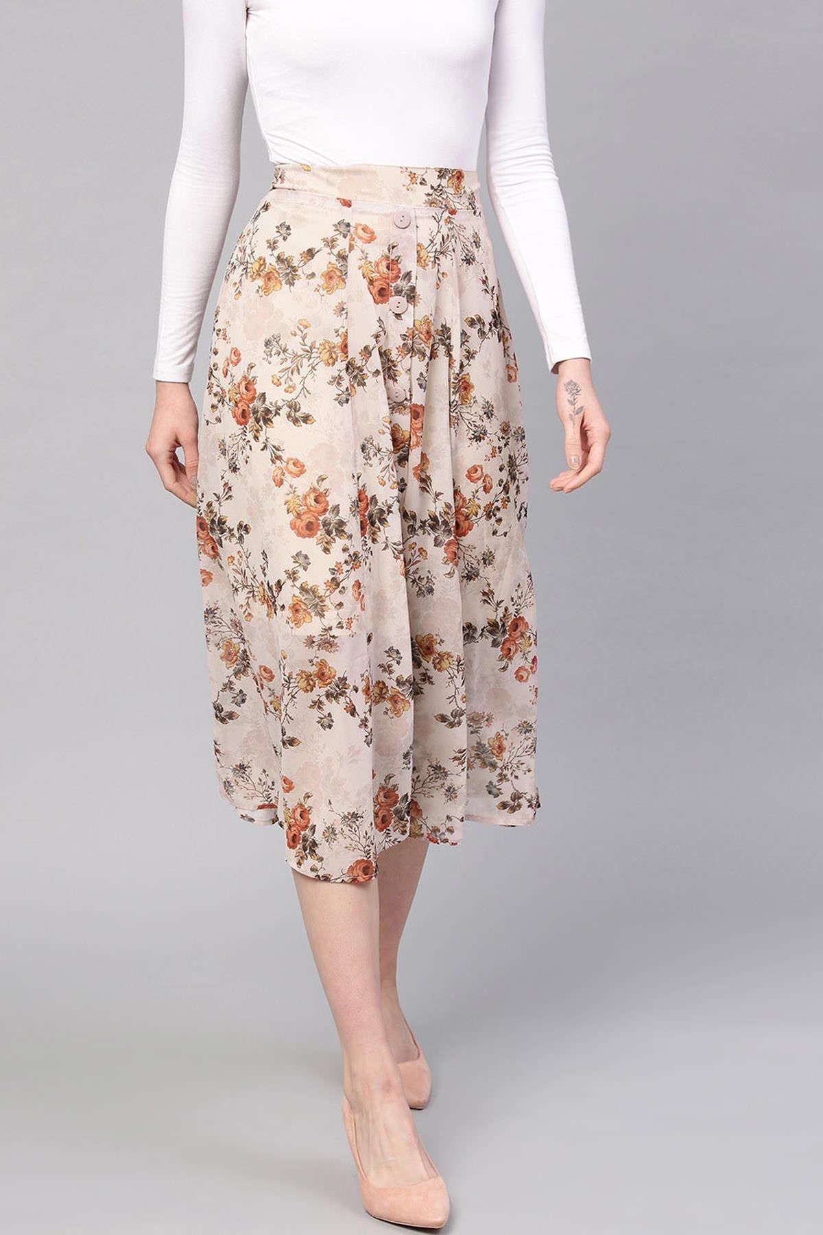 Women's Taupe Floral A-Line Skirt