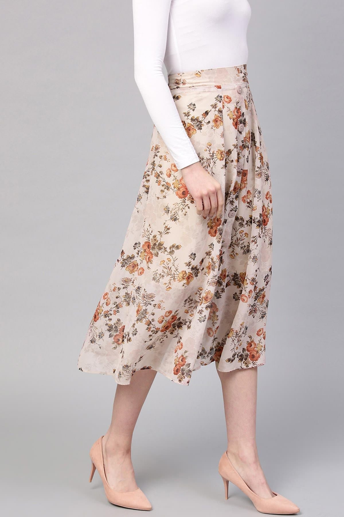 Women's Taupe Floral A-Line Skirt