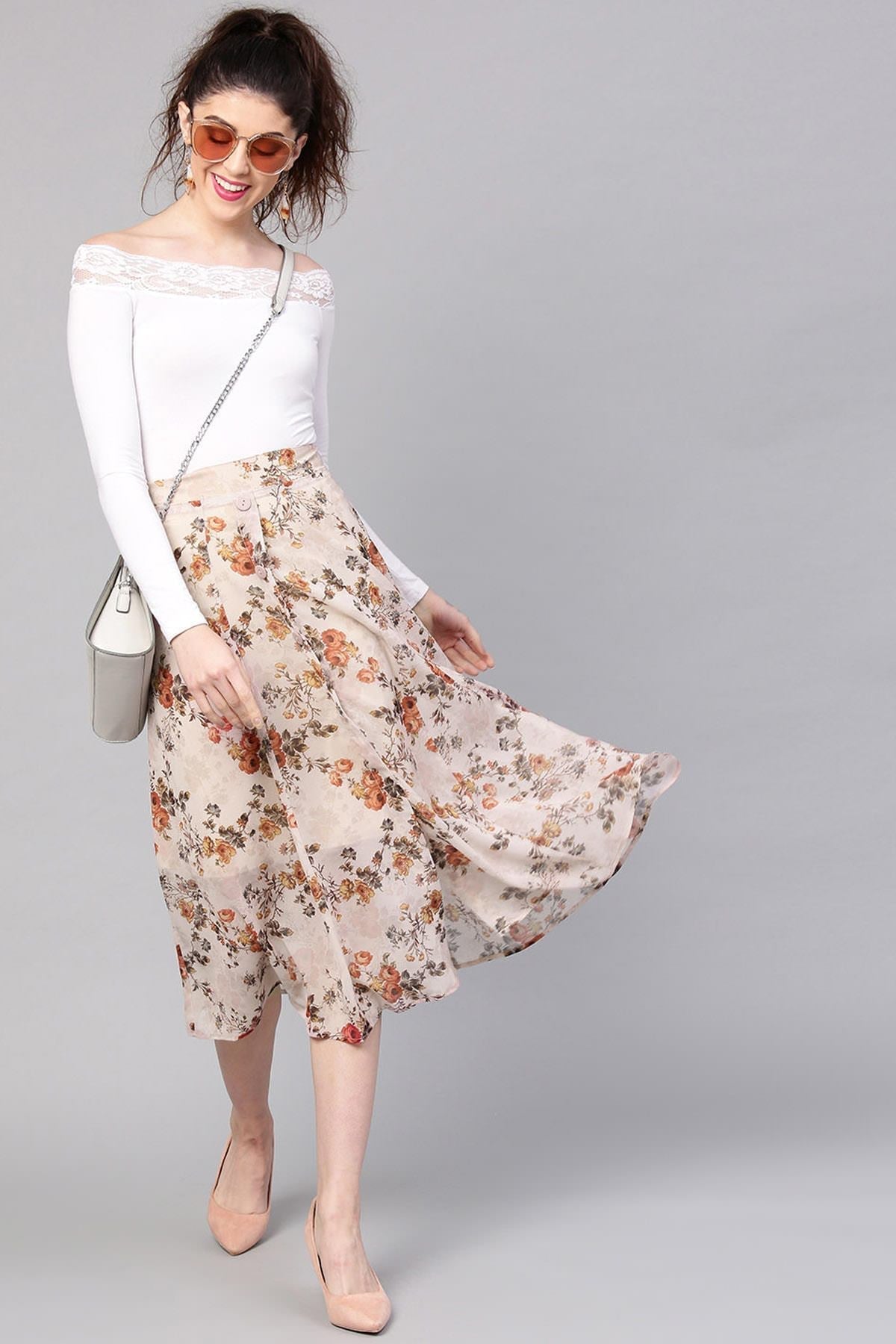 Women's Taupe Floral A-Line Skirt