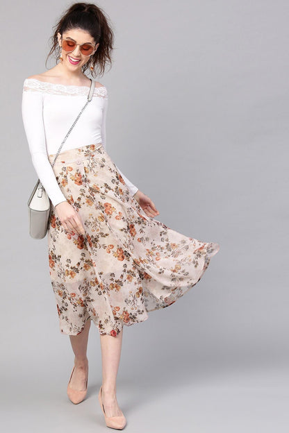 Women's Taupe Floral A-Line Skirt