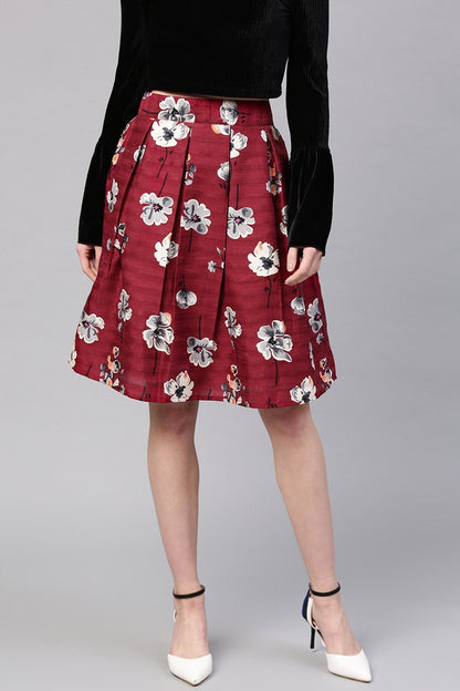 Women's Burgundy Floral Silk A-Line Skirt