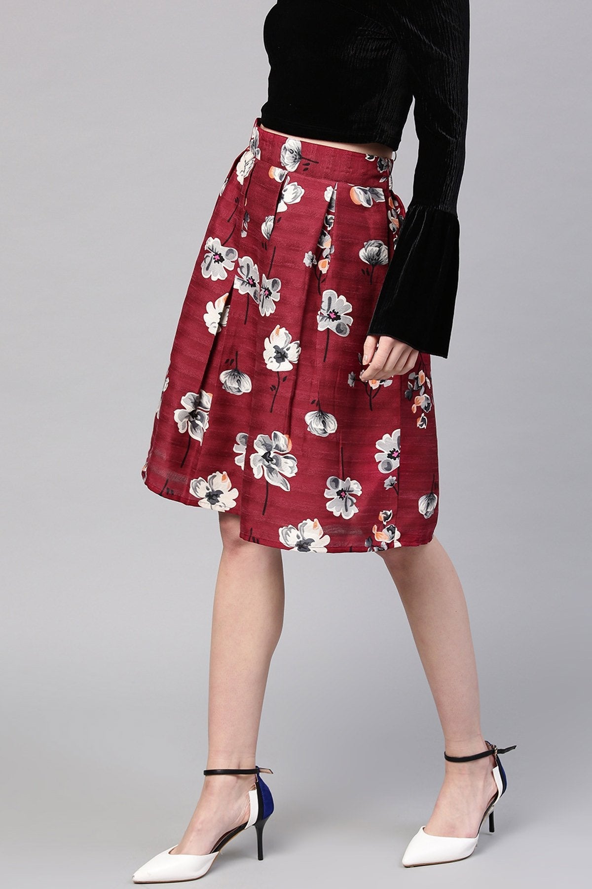 Women's Burgundy Floral Silk A-Line Skirt