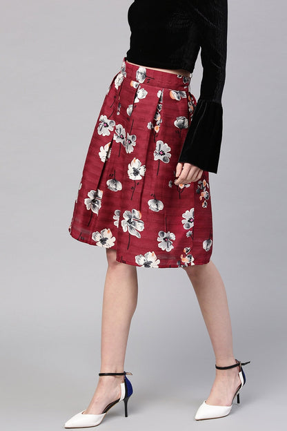 Women's Burgundy Floral Silk A-Line Skirt