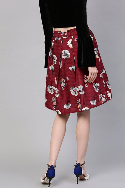 Women's Burgundy Floral Silk A-Line Skirt