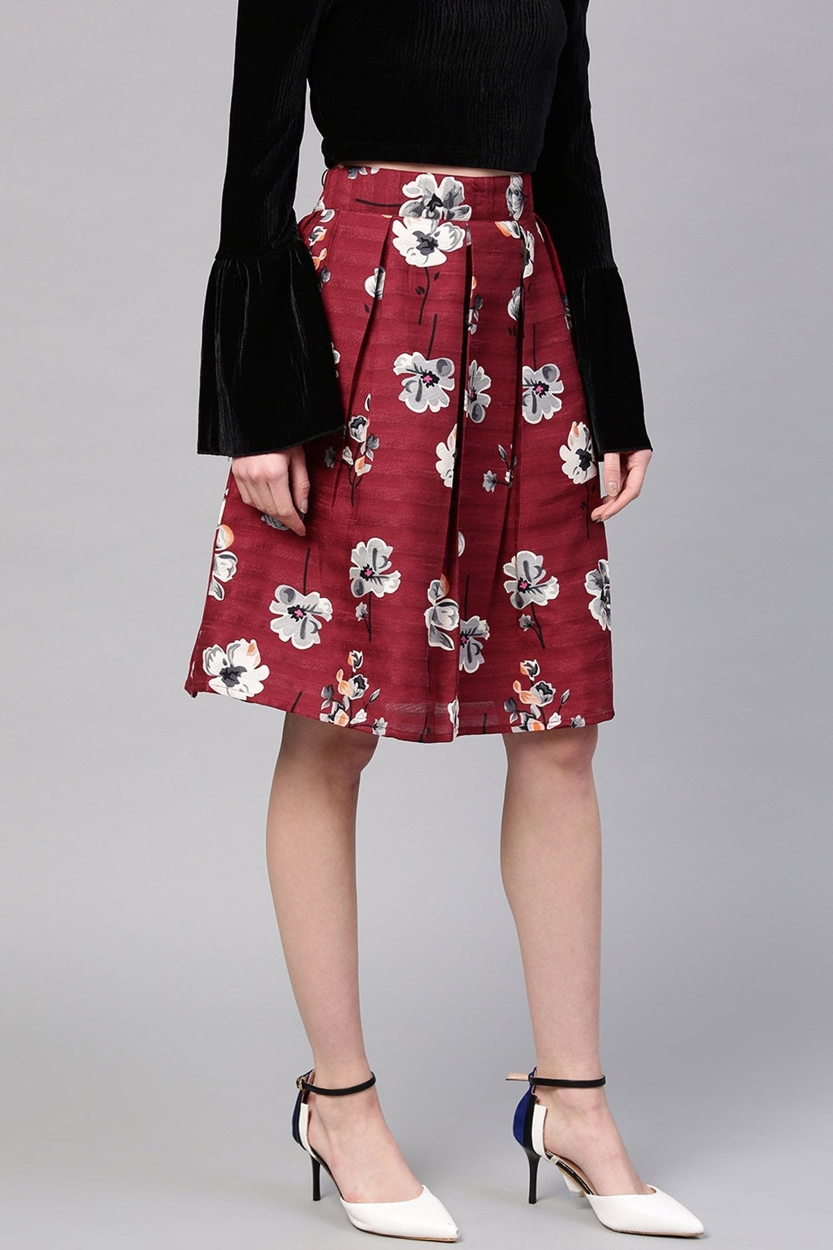Women's Burgundy Floral Silk A-Line Skirt