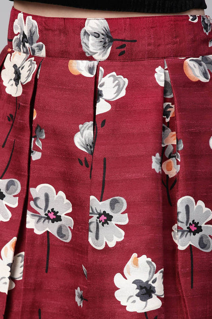Women's Burgundy Floral Silk A-Line Skirt