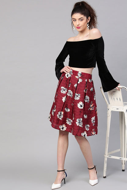 Women's Burgundy Floral Silk A-Line Skirt