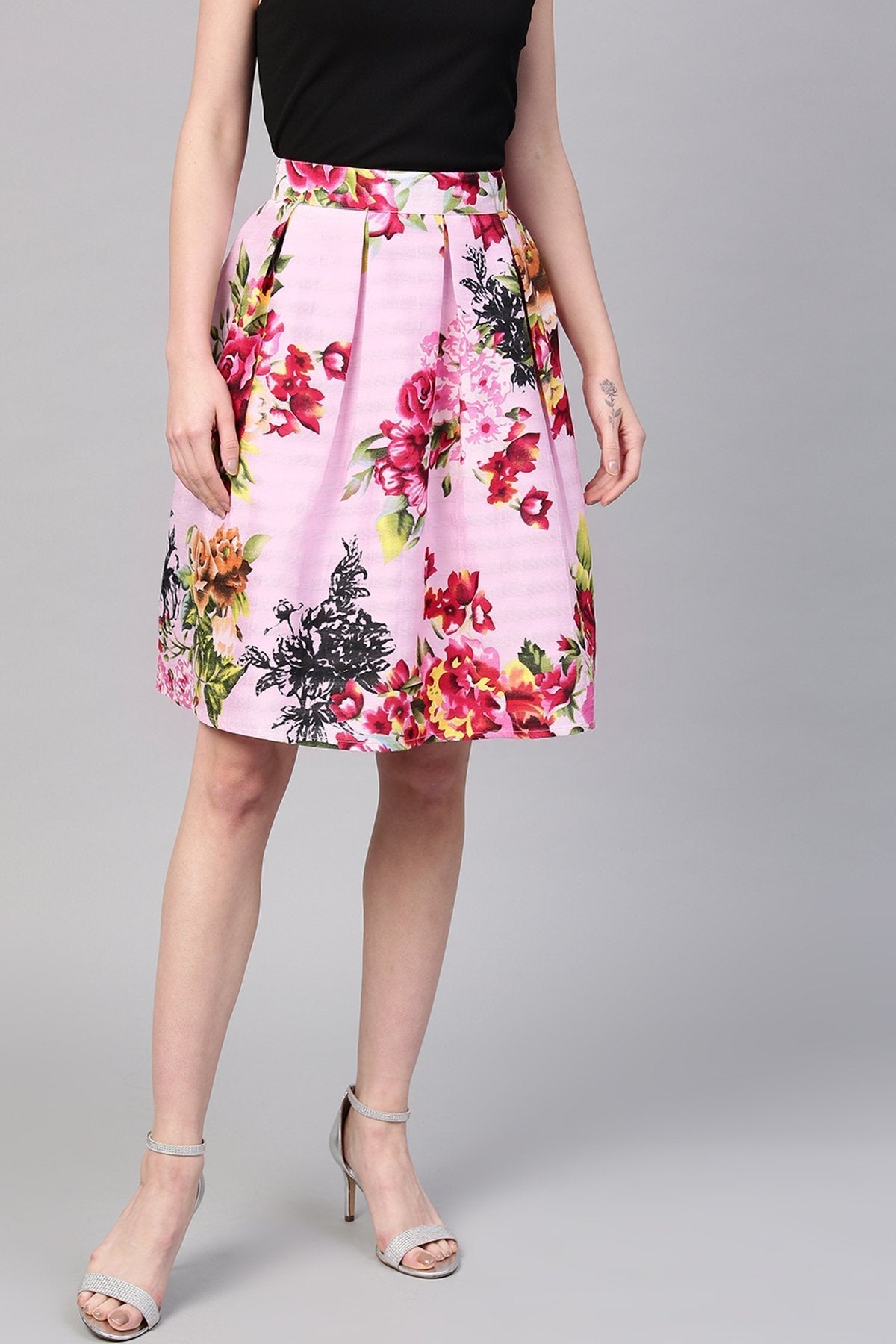 Women's Pink Floral Silk A-Line Skirt