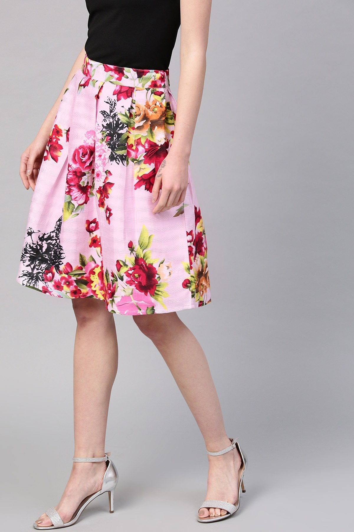 Women's Pink Floral Silk A-Line Skirt