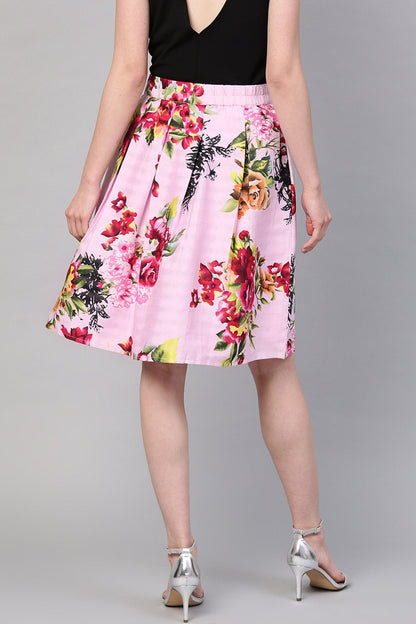Women's Pink Floral Silk A-Line Skirt