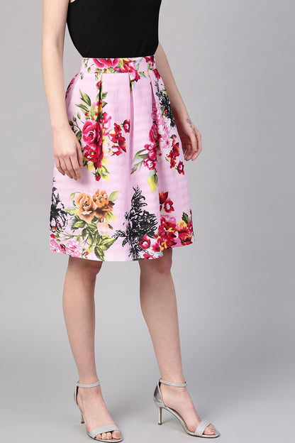 Women's Pink Floral Silk A-Line Skirt