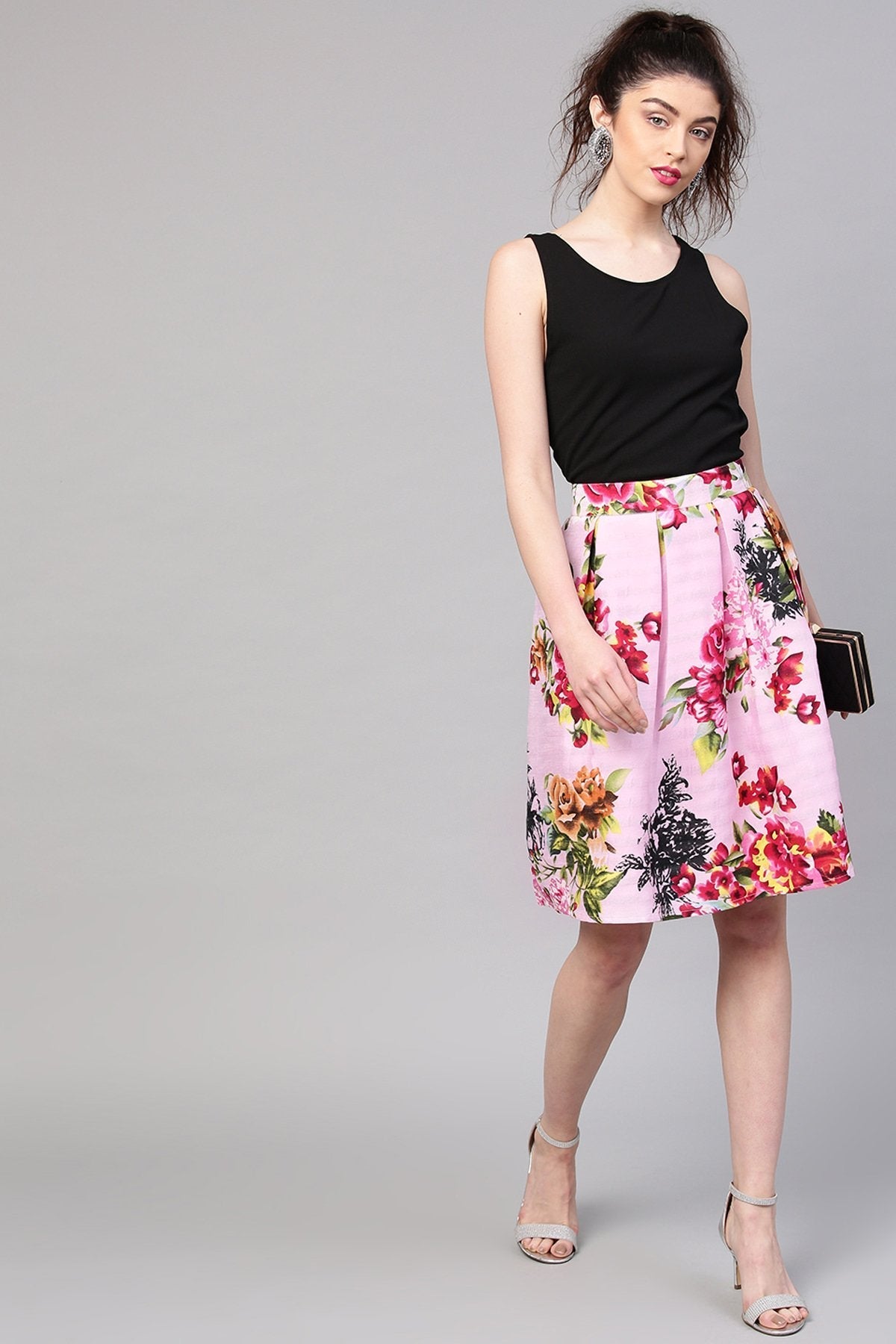 Women's Pink Floral Silk A-Line Skirt