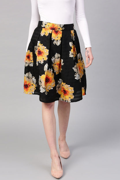 Women's Black Floral Silk A-Line Skirt