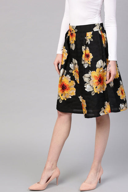 Women's Black Floral Silk A-Line Skirt