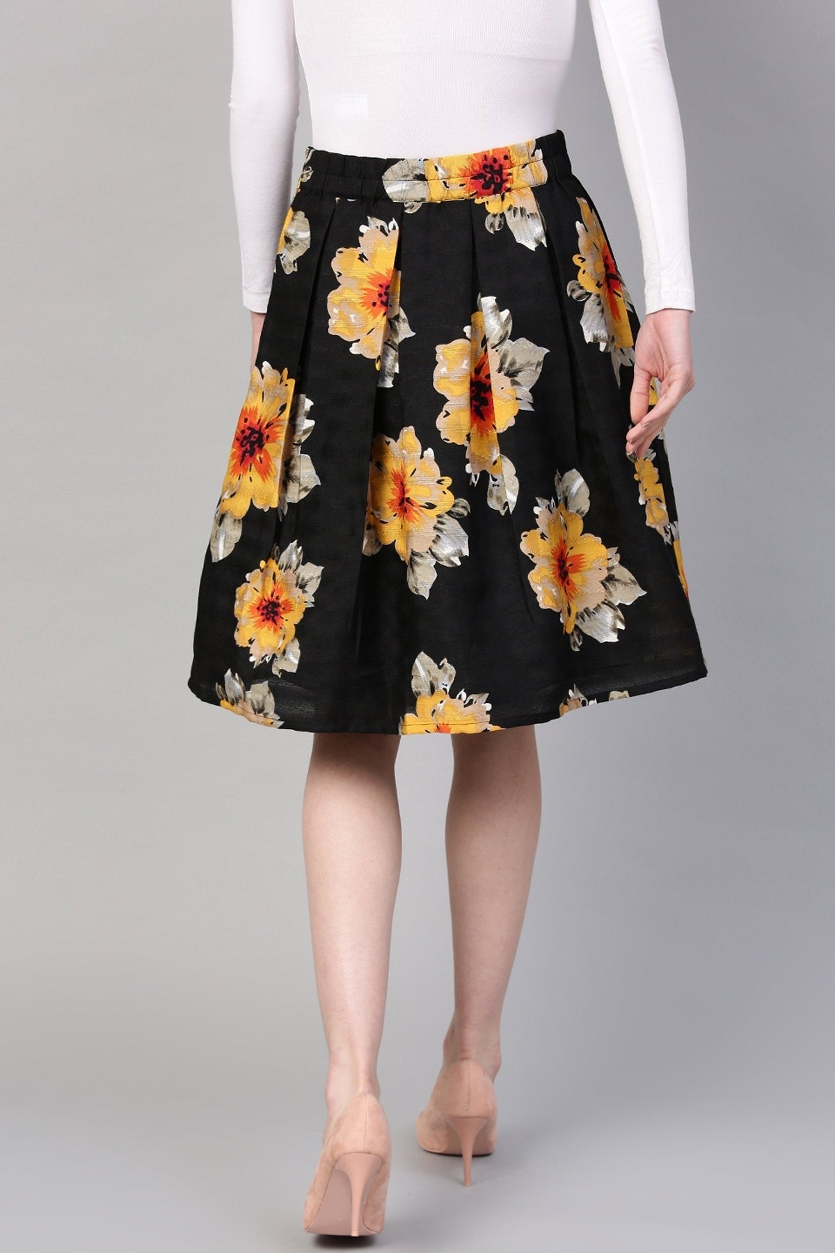 Women's Black Floral Silk A-Line Skirt