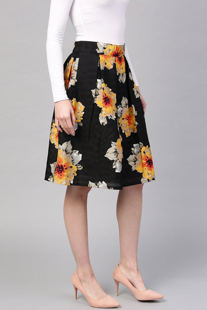 Women's Black Floral Silk A-Line Skirt