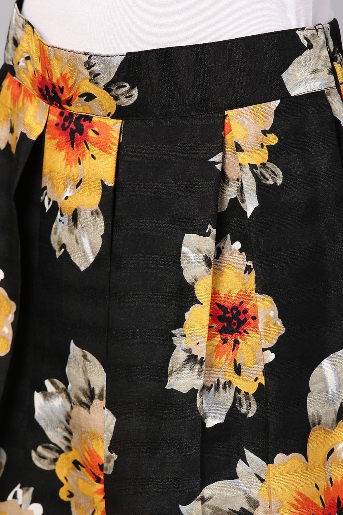 Women's Black Floral Silk A-Line Skirt