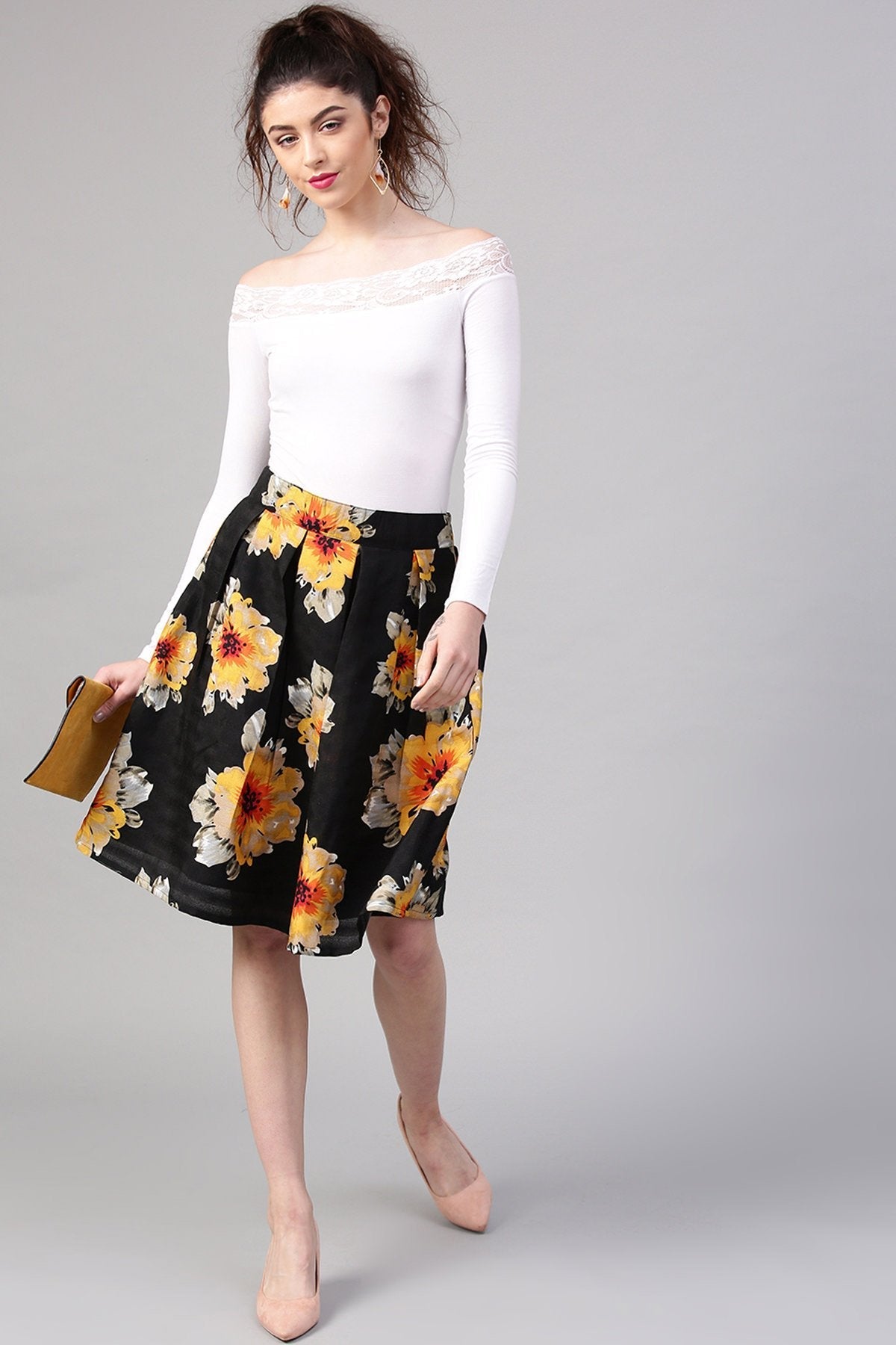 Women's Black Floral Silk A-Line Skirt
