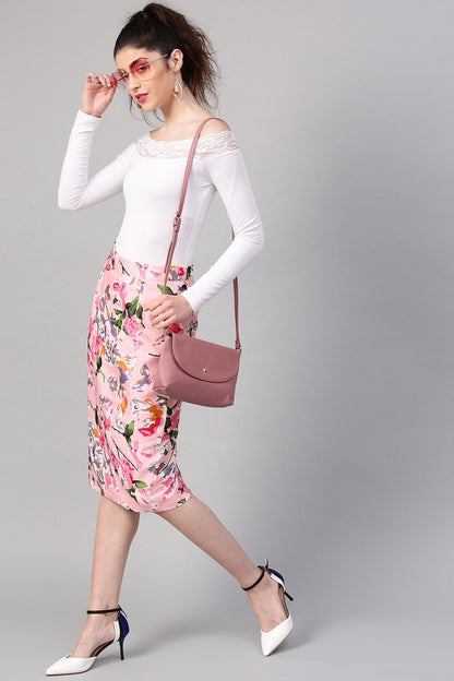 Women's Pink Old Floral Silk Pencil Skirt