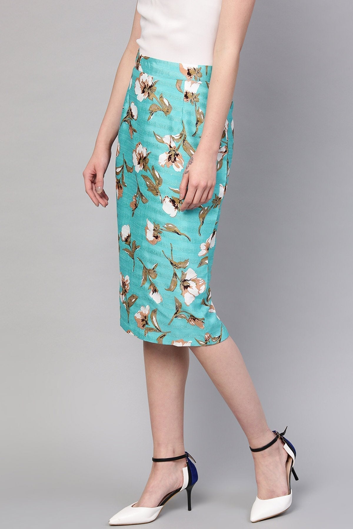 Women's Aqua Floral Silk Pencil Skirt