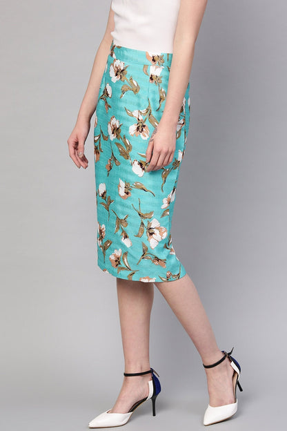 Women's Aqua Floral Silk Pencil Skirt