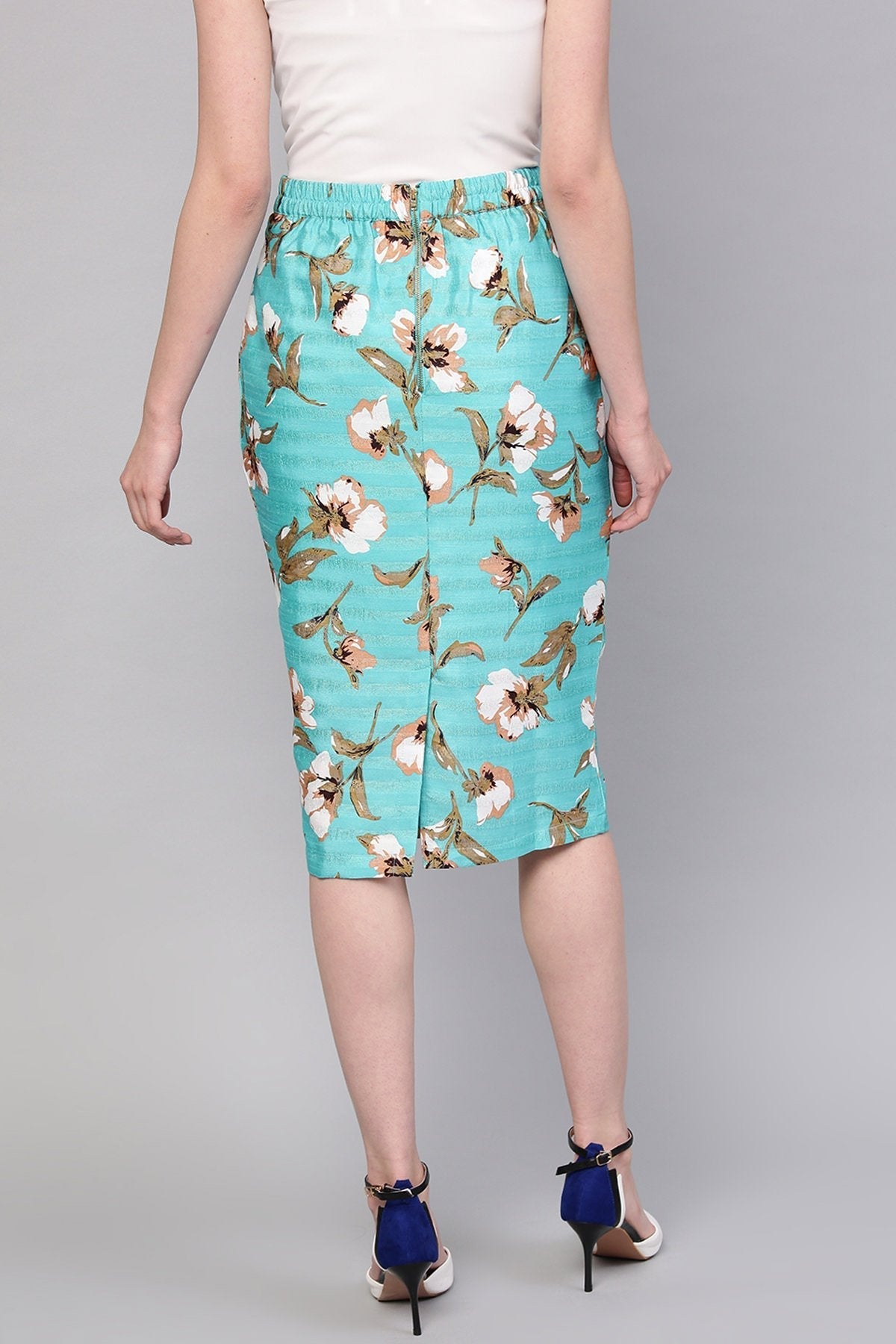 Women's Aqua Floral Silk Pencil Skirt