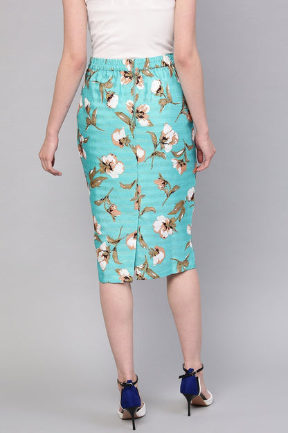 Women's Aqua Floral Silk Pencil Skirt
