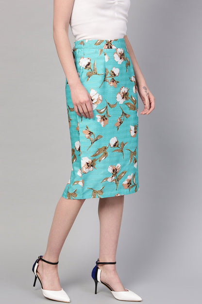 Women's Aqua Floral Silk Pencil Skirt