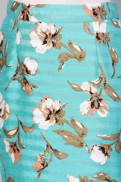 Women's Aqua Floral Silk Pencil Skirt