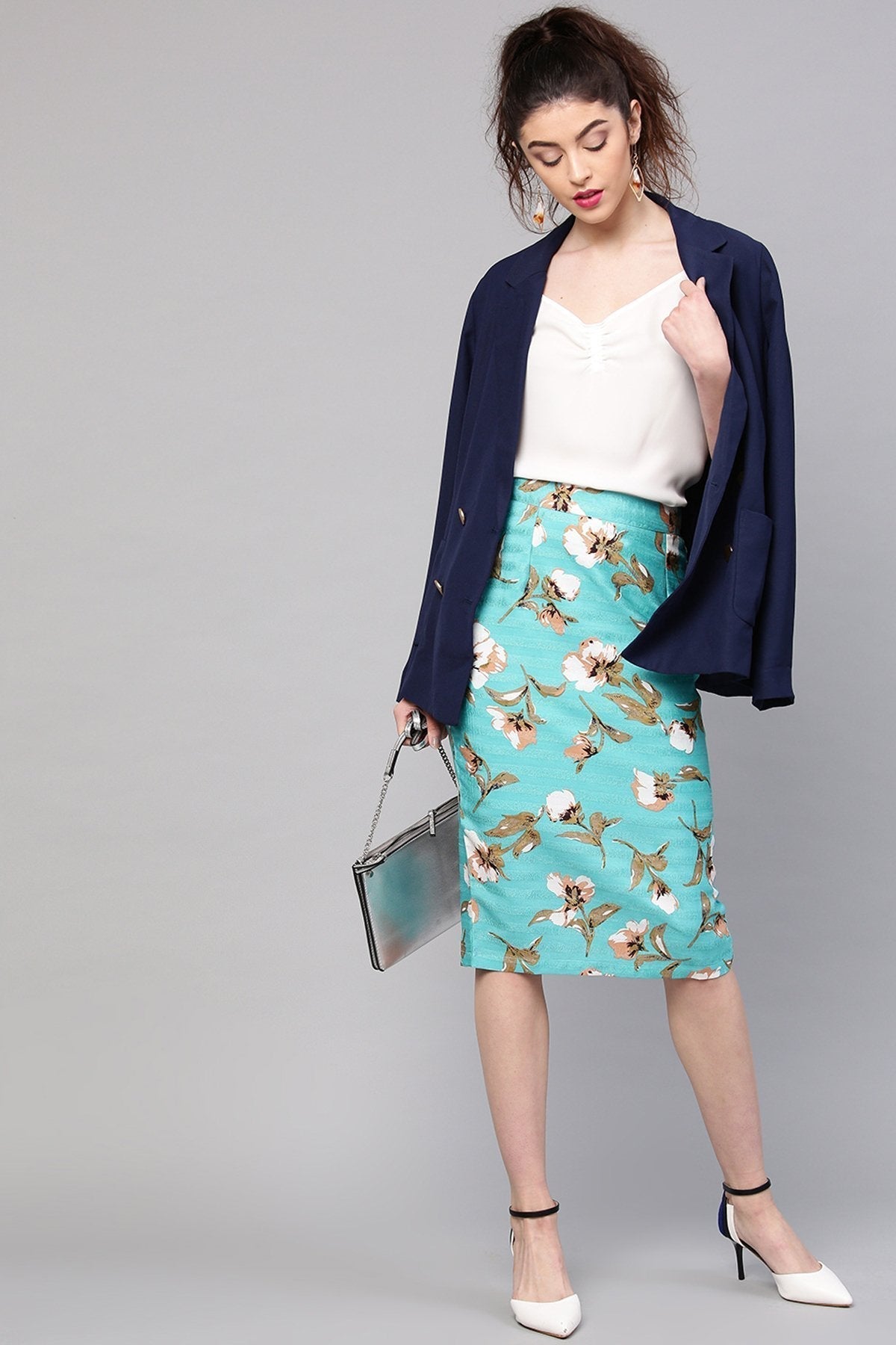Women's Aqua Floral Silk Pencil Skirt