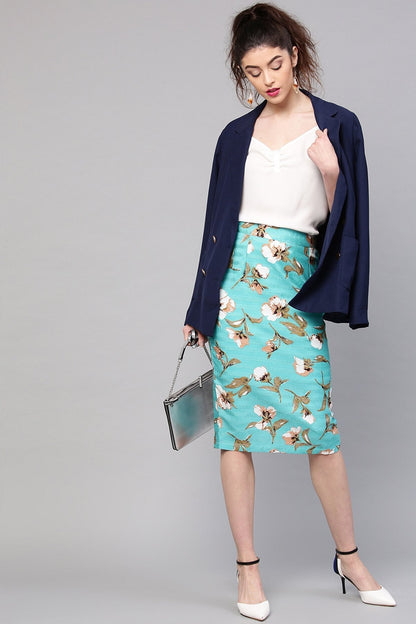 Women's Aqua Floral Silk Pencil Skirt