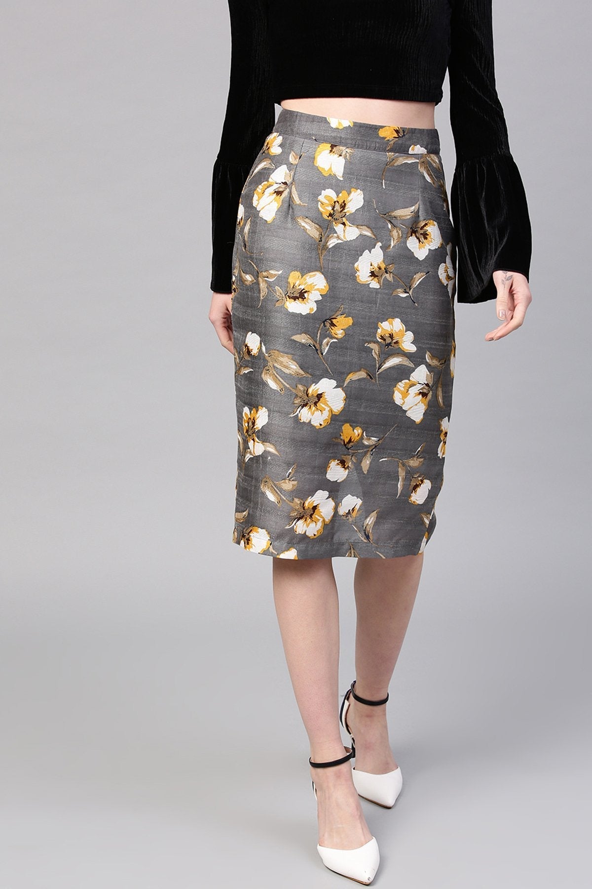 Women's Grey Floral Front Silk Pencil Skirt