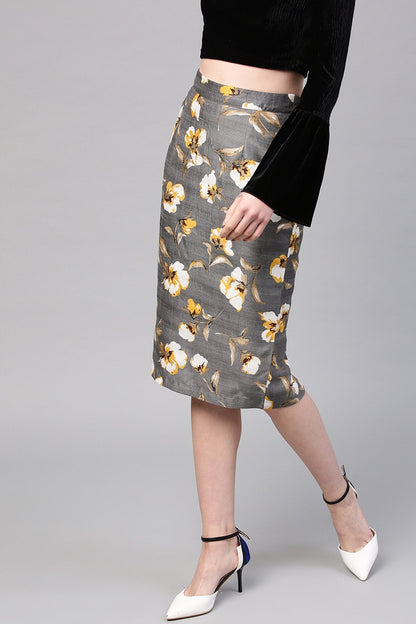 Women's Grey Floral Front Silk Pencil Skirt