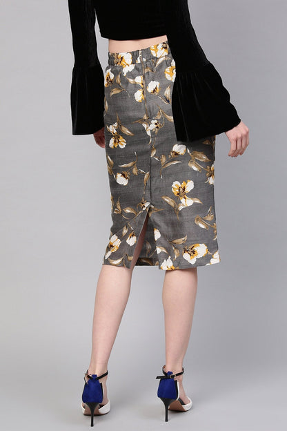 Women's Grey Floral Front Silk Pencil Skirt