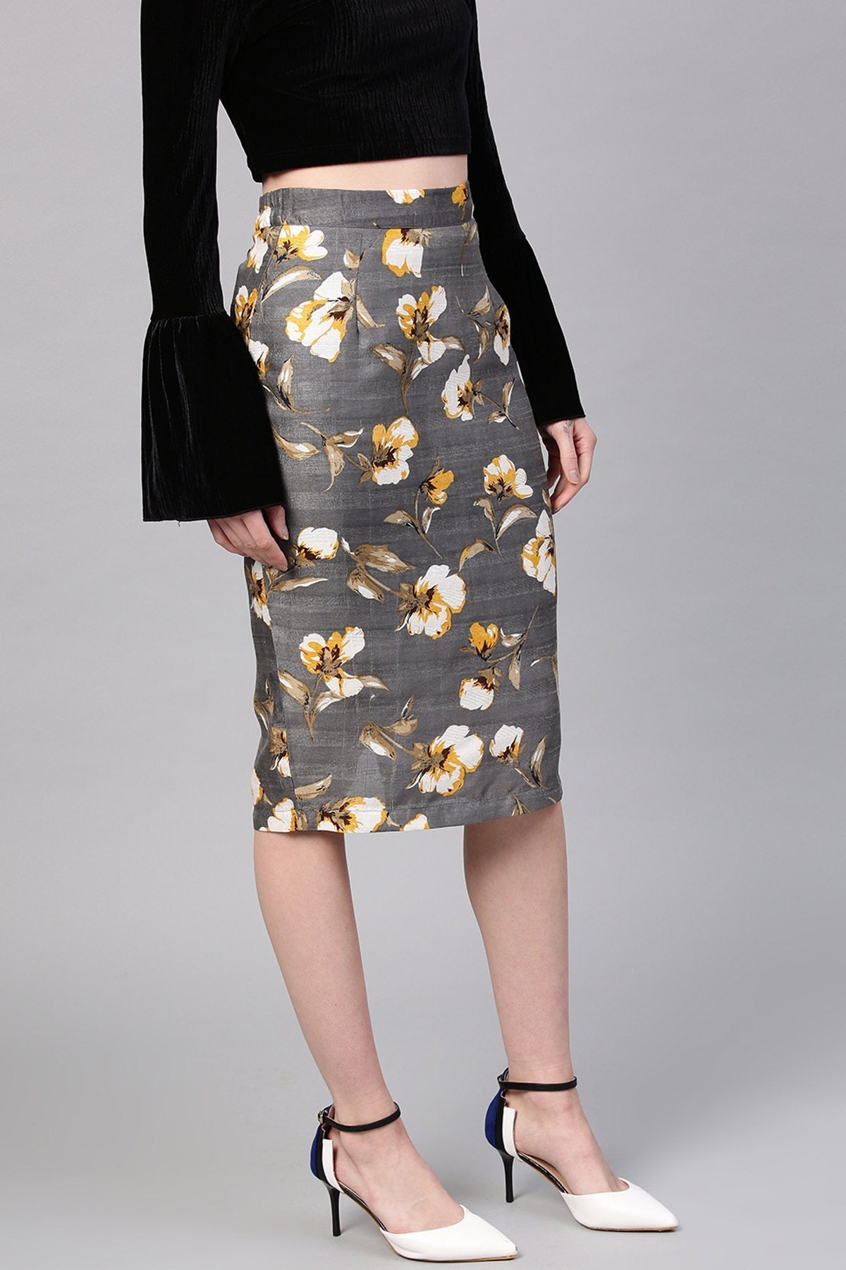 Women's Grey Floral Front Silk Pencil Skirt