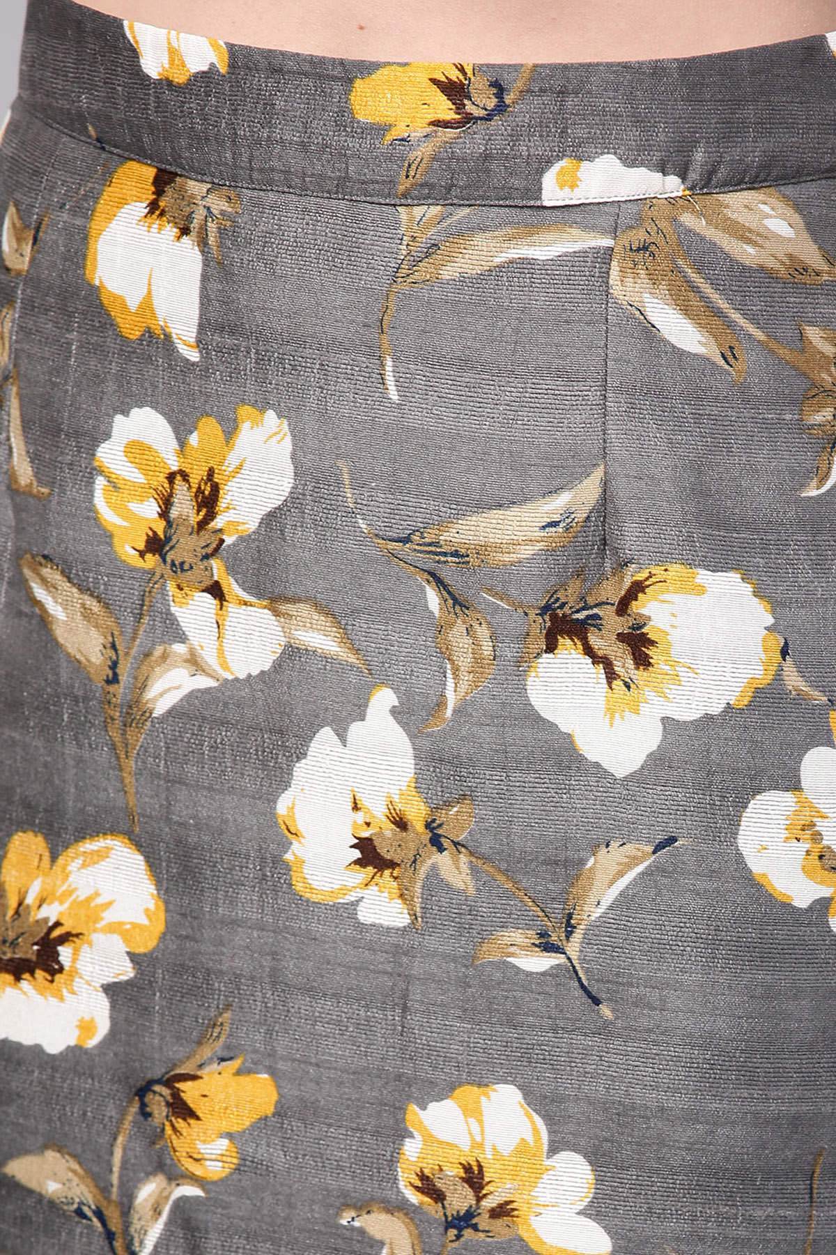Women's Grey Floral Front Silk Pencil Skirt