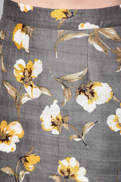 Women's Grey Floral Front Silk Pencil Skirt
