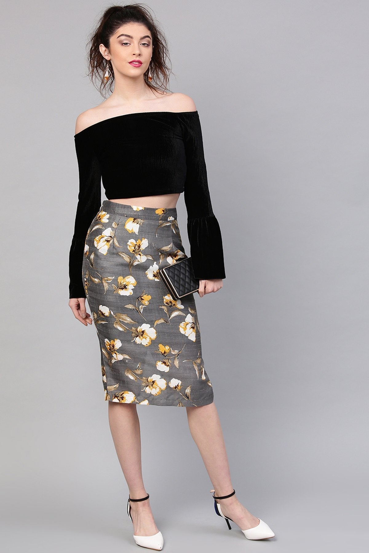 Women's Grey Floral Front Silk Pencil Skirt