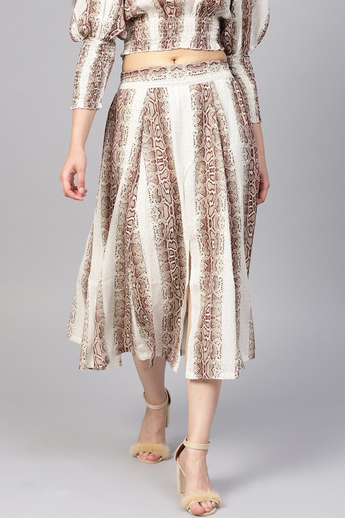 Women's Brown Snake Flared Midi Skirt