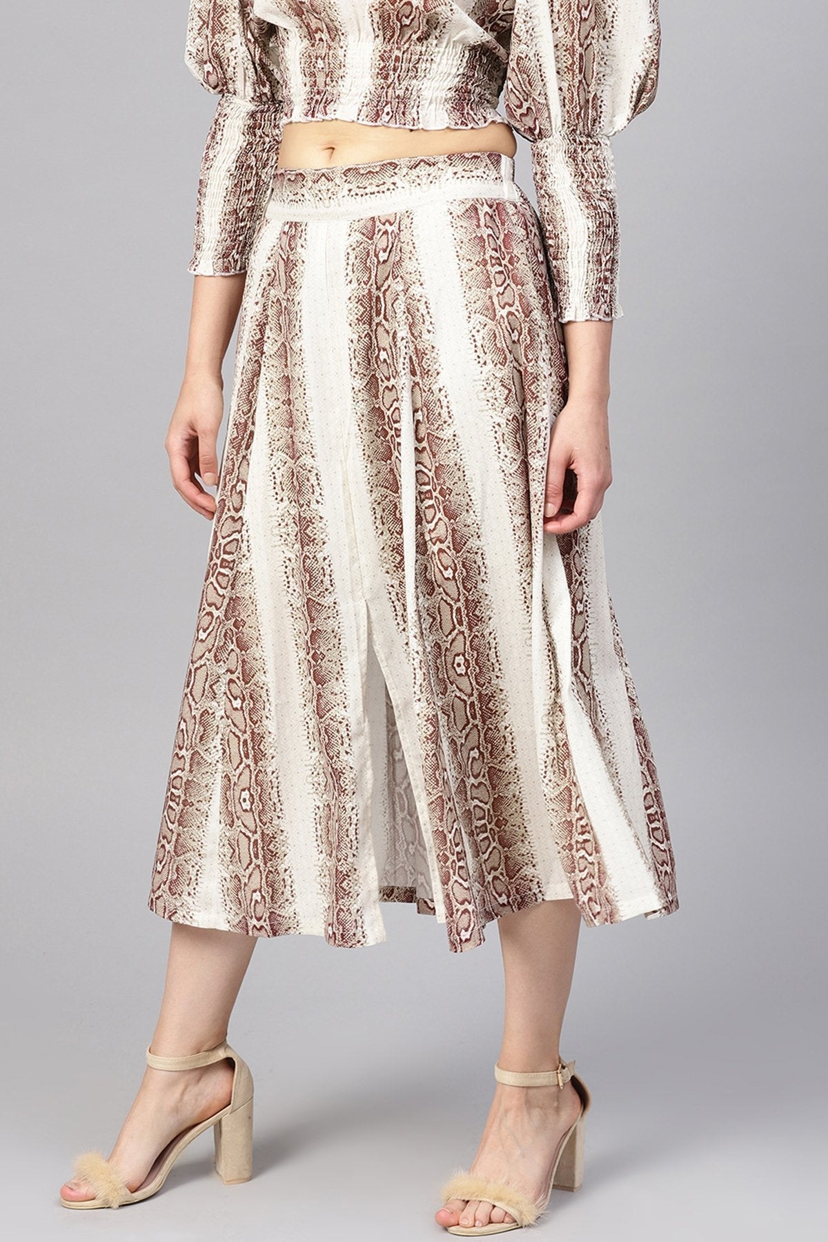 Women's Brown Snake Flared Midi Skirt
