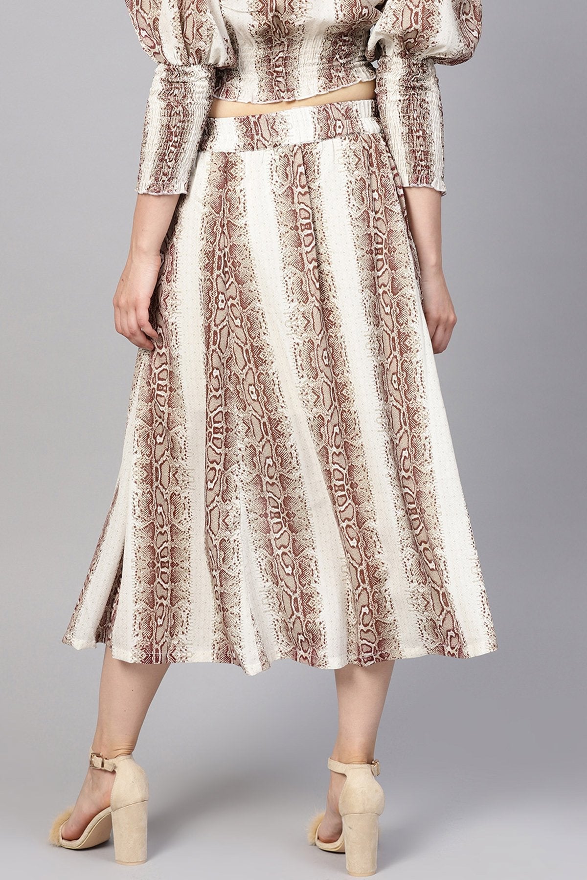 Women's Brown Snake Flared Midi Skirt