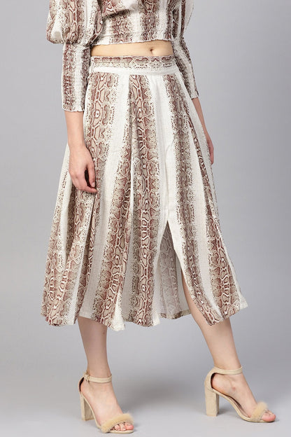 Women's Brown Snake Flared Midi Skirt