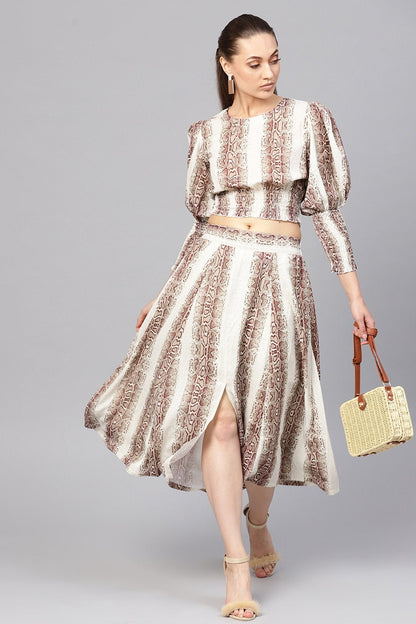 Women's Brown Snake Flared Midi Skirt