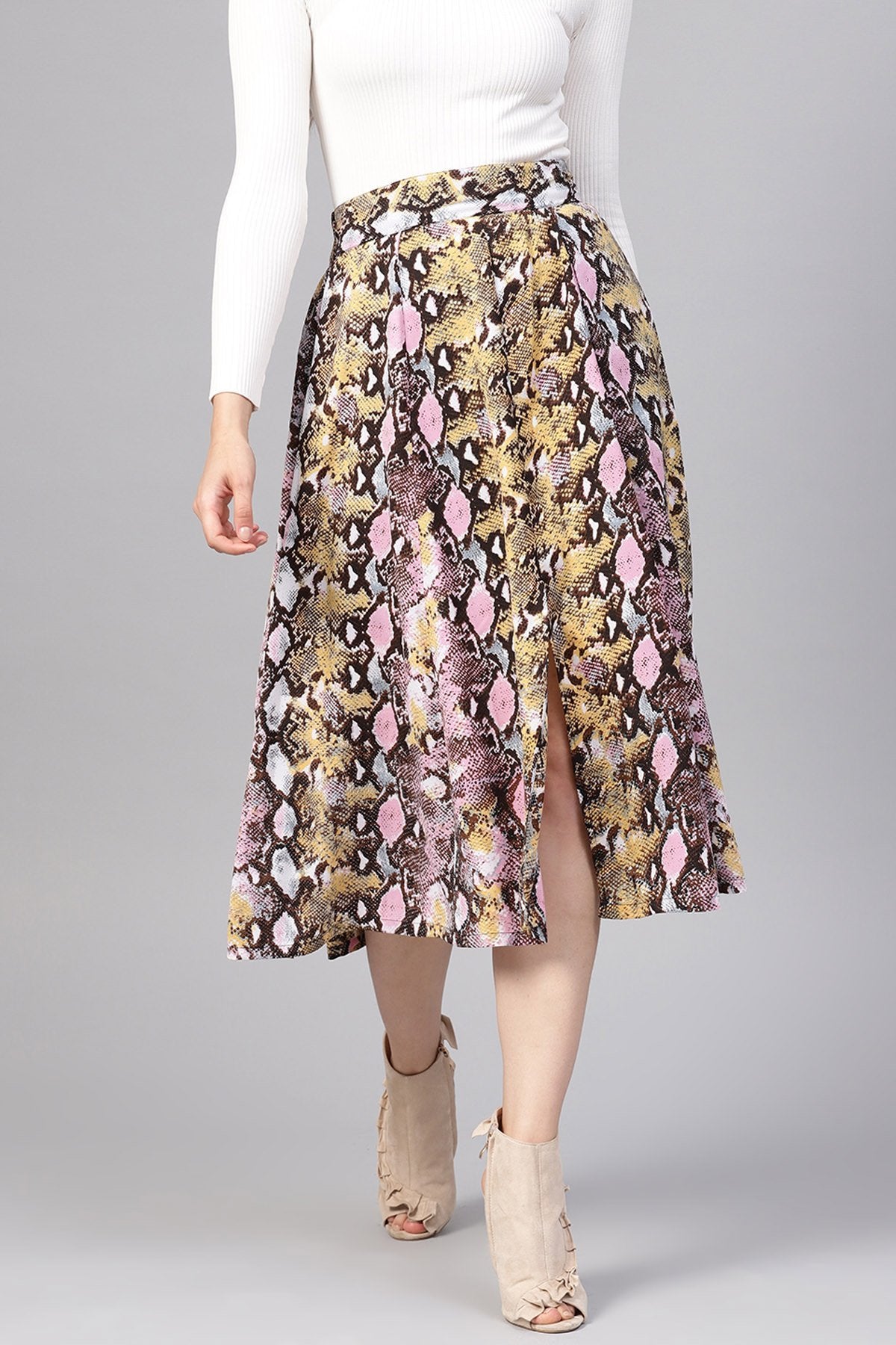 Women's Pink Python Flared Midi Skirt